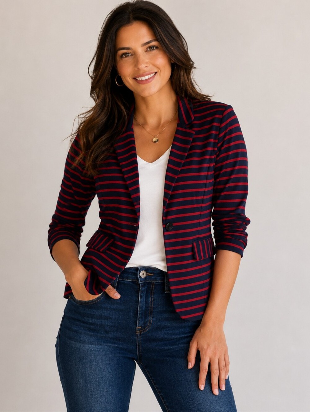 Just Ginger Red&Navy striped 3/4-sleeve Blazer With single-button Size Small